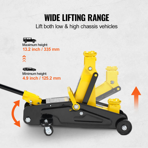 Laag Profiel Krik - 2 Ton Hefvermogen - Hefbereik 125.2-335 mm - Robuuste IJzerconstructie - Veiligheidssysteem - Praktisch Ontwerp - Geschikt voor Auto's - Pick-up Trucks en SUV's - Geel