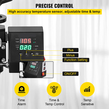 Warmte Persmachine Transferpers - 2 In 1 Hittepers - Met 25,4 x 30,5 cm Hitteplaat, Digitale Led-temperatuurregelaar - Voor Het Aanbrengen Van Letters - Cijfers En Patronen Op Petten - T-Shirts - Kopjes - Borden - Zwart