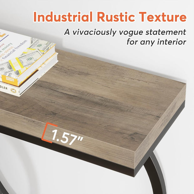 Consoletafel - Sidetable - met O-vormige Gouden Metalen Poten - Haltafel - Wandtafel - 140x30x80 cm - Grijs en Zwart - Metaal en Hout - Modern - Console Tafel