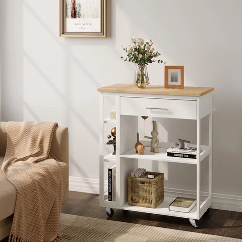 Keukentrolley op wieltjes - Keuken trolley met lade - Houten werkblad - Wit - Incl. Rem voor de wieltjes - 73x38x88 CM - Open planken - Woonkamer