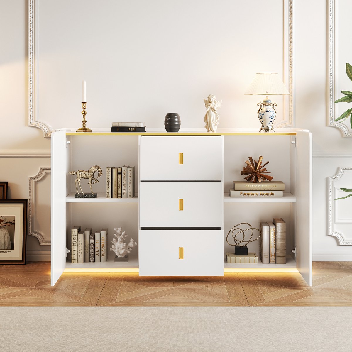 LED - Modern wit dressoir met LEDverlichting - 150x35x80 cm - 2 deuren, 3 lades en RGB-kleuren - Opbergkast voor woonkamer, eetkamer of hal - Wit