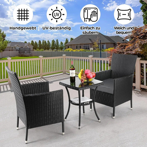 Garden set - Balcony set - Rattan Wicker Chairs - Incl. Table - Terrace - Balcony - Garden furniture - Bistro Set - With Cushions - Gray