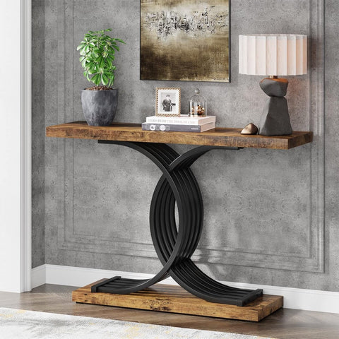 Console Tafel - Dressoirtafel met Geometrische Metalen Poten - Industrieel - Bijzettafel - Hout en Metaal - Zwart en Bruin - 30 x 100 x 80 cm
