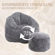 Zitzak met Voetensteun - Loungestoel met Hoge Druk Schuimvulling - Beanbag Ergonomisch Ontwerp - Chenille Stof – 89x88x76 cm - Grijs
