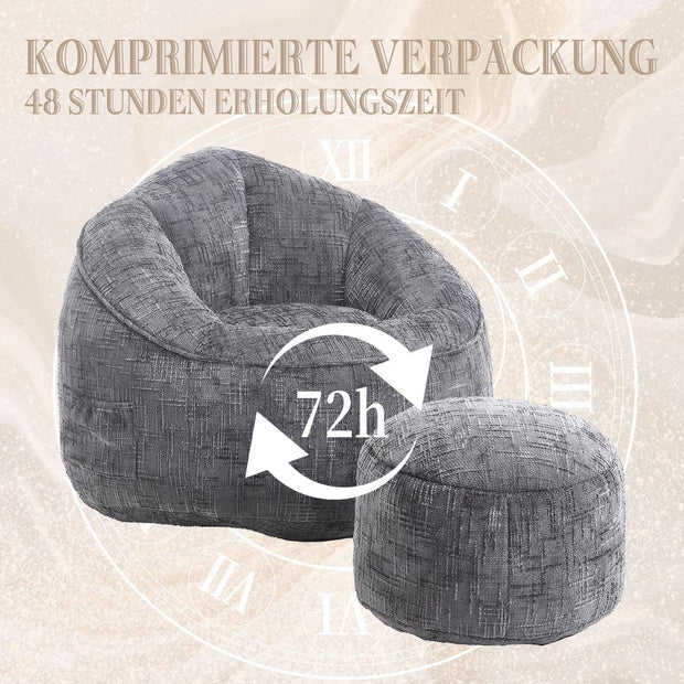 Zitzak met Voetensteun - Loungestoel met Hoge Druk Schuimvulling - Beanbag Ergonomisch Ontwerp - Chenille Stof – 89x88x76 cm - Grijs