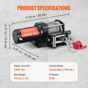 Elektrische lier - 12V - Lier 3000lbs/1361kg - Offroad motorlier - Kabel elektrische lier - Staalkabel met draadloze afstandsbediening - Zwart
