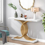 Modern Console Tafel - Dressoirtafel - met Geometrische Metalen Poten - Bijzettafel - Nep-Marmer en Metaal - Wit en Goud - 30 x 100 x 80 cm