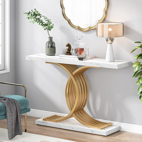 Modern Console Tafel - Dressoirtafel - met Geometrische Metalen Poten - Bijzettafel - Nep-Marmer en Metaal - Wit en Goud - 30 x 100 x 80 cm