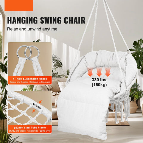 Hangstoel - Staal En Katoen - 150 Kg Capaciteit - Met Kussen - Met Geweven Netkabel - Inklapbaar, Bohemian Stijl - Geschikt Voor Binnen En Buiten - 80 X 62,5 X 80 Cm - Beige