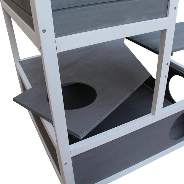 Kattenhuis - voor Buiten – Weerbestendig Houten Hok - met 2 Verdiepingen – Ruime Kooi - Bench en Ren – Duurzaam en Comfortabel – Grijs