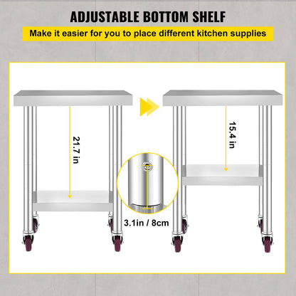 Commerciële Keukentafel - 2 Planken - Roestvrij Staal - 150kg Laadvermogen - Voedselbereidingstafel met Vier 360 Graden Roterende Wielen - Verstelbare Onderplank - 61 x 46 x 86 cm - Zilver