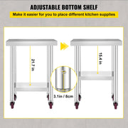 Commerciële Keukentafel - 2 Planken - Roestvrij Staal - 150kg Laadvermogen - Voedselbereidingstafel met Vier 360 Graden Roterende Wielen - Verstelbare Onderplank - 61 x 46 x 86 cm - Zilver
