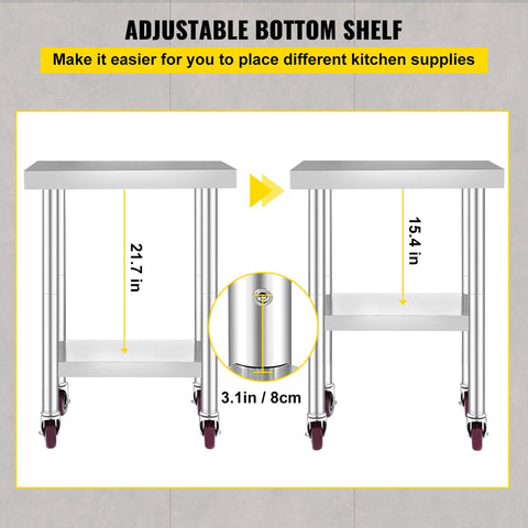 Commerciële Keukentafel - 2 Planken - Roestvrij Staal - 150kg Laadvermogen - Voedselbereidingstafel met Vier 360 Graden Roterende Wielen - Verstelbare Onderplank - 61 x 46 x 86 cm - Zilver