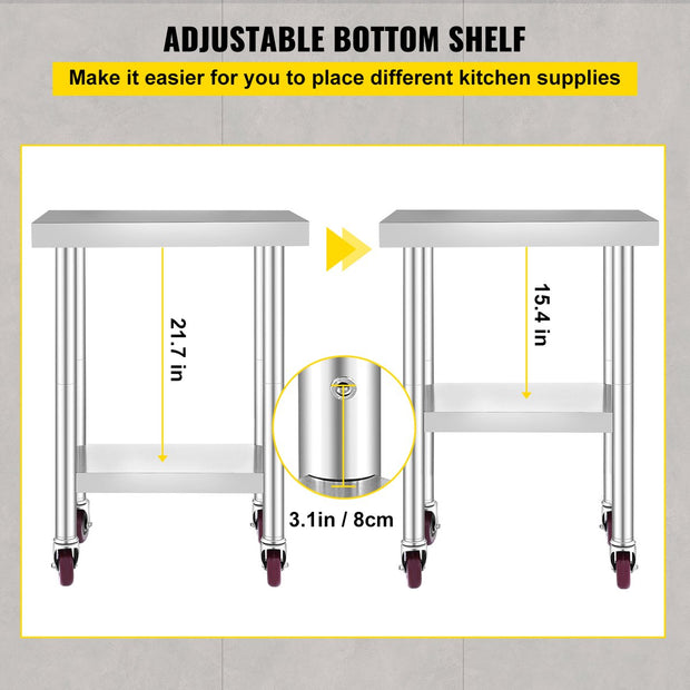 Commerciële Keukentafel - 2 Planken - Roestvrij Staal - 150kg Laadvermogen - Voedselbereidingstafel met Vier 360 Graden Roterende Wielen - Verstelbare Onderplank - 61 x 46 x 86 cm - Zilver
