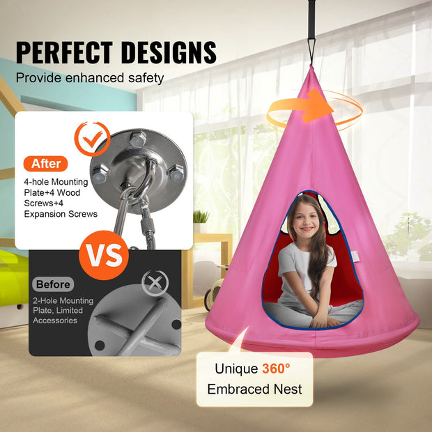 Kinderhangstoel - Duurzaam 600D Oxford Materiaal - 360° Nest Design - 113 Kg Draagvermogen - Met Verstelbaar Ophangtouw En Vierkleurige LED-Randverlichting - Geschikt Voor Binnen En Buiten - Roze