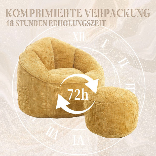 Zitzak Sofa met Voetensteun - Luxe Chenille Bean Bag Stoel -- Ergonomische Loungestoel met Hoge Rugleuning – Comfortabele Fauteuil - Geel