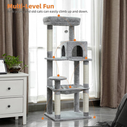 Multilevel Kattenboom - 5 verdiepingen - Inclusief Hangmat - Met Krabpalen en leuk speeltje - Voor grote katten - Grijs