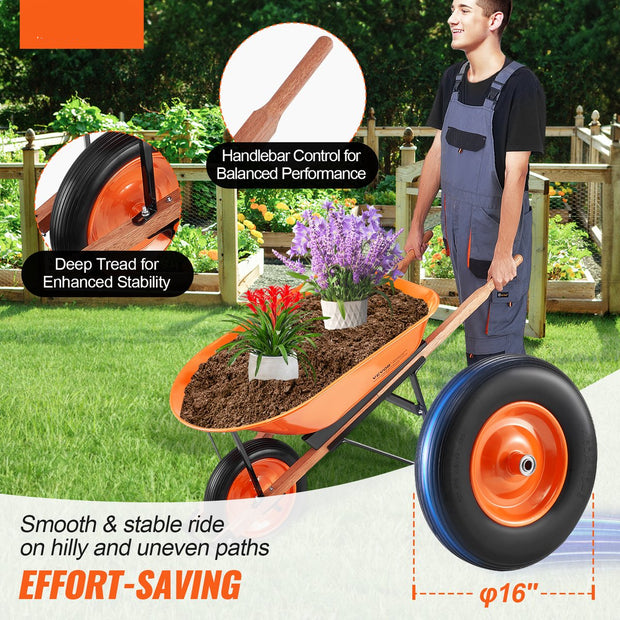 Transportkruiwagen - Ijzer + PU - Kuip met Grote Capaciteit - Eenvoudig te Monteren en op te Bergen - Max Draagvermogen120 kg - Slijtvaste Wielen - Geluidsarm - 140x62x58cm - Oranje + Zwart