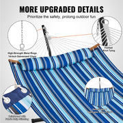 Hangmat - 2 Personen Dubbele - met Gebogen Spreidstok - T-vormige Standaard - Afneembaar Kussen - Draagbare Draagtas - Draagvermogen 200 kg - 1,4x1,9m - Blauwe en Witte Strepen