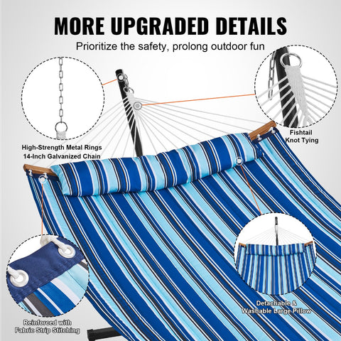 Hangmat - 2 Personen Dubbele - met Gebogen Spreidstok - T-vormige Standaard - Afneembaar Kussen - Draagbare Draagtas - Draagvermogen 200 kg - 1,4x1,9m - Blauwe en Witte Strepen