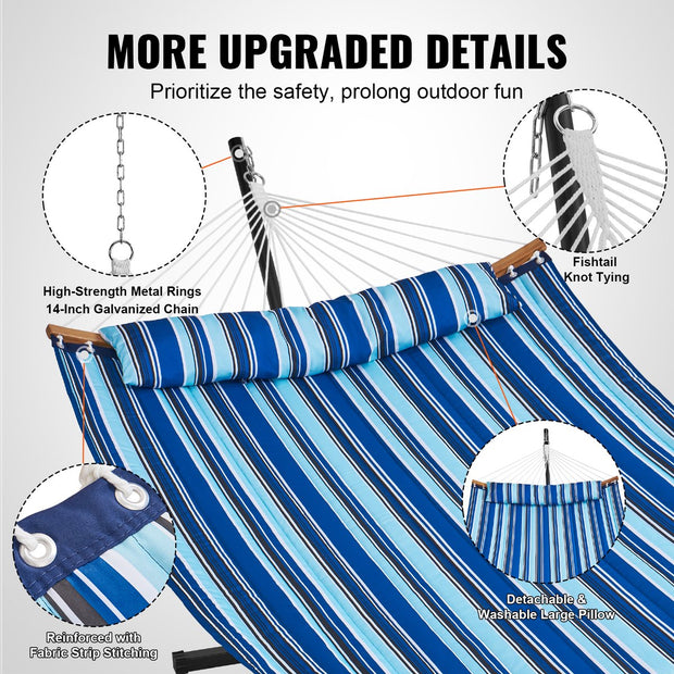 Hangmat - 2 Personen Dubbele - met Gebogen Spreidstok - T-vormige Standaard - Afneembaar Kussen - Draagbare Draagtas - Draagvermogen 200 kg - 1,4x1,9m - Blauwe en Witte Strepen