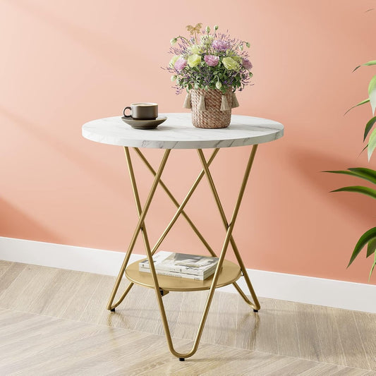 Moderne Ronde Bijzettafel - 2-laags Imitatiemarmeren Salontafel - op Stevig Metalen Frame - Wit en Goud - Woonkamertafel - Kleine Tafel - voor Woonkamer - Slaapkamer