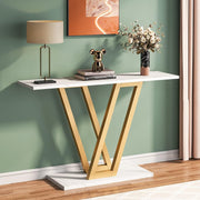 Console Tafel - Bijzettafel - Sidetable Modern - met Metalen Basis in Roostervorm - Metalen Frame - Wit en  Goud - 110 x 30 x 80 cm