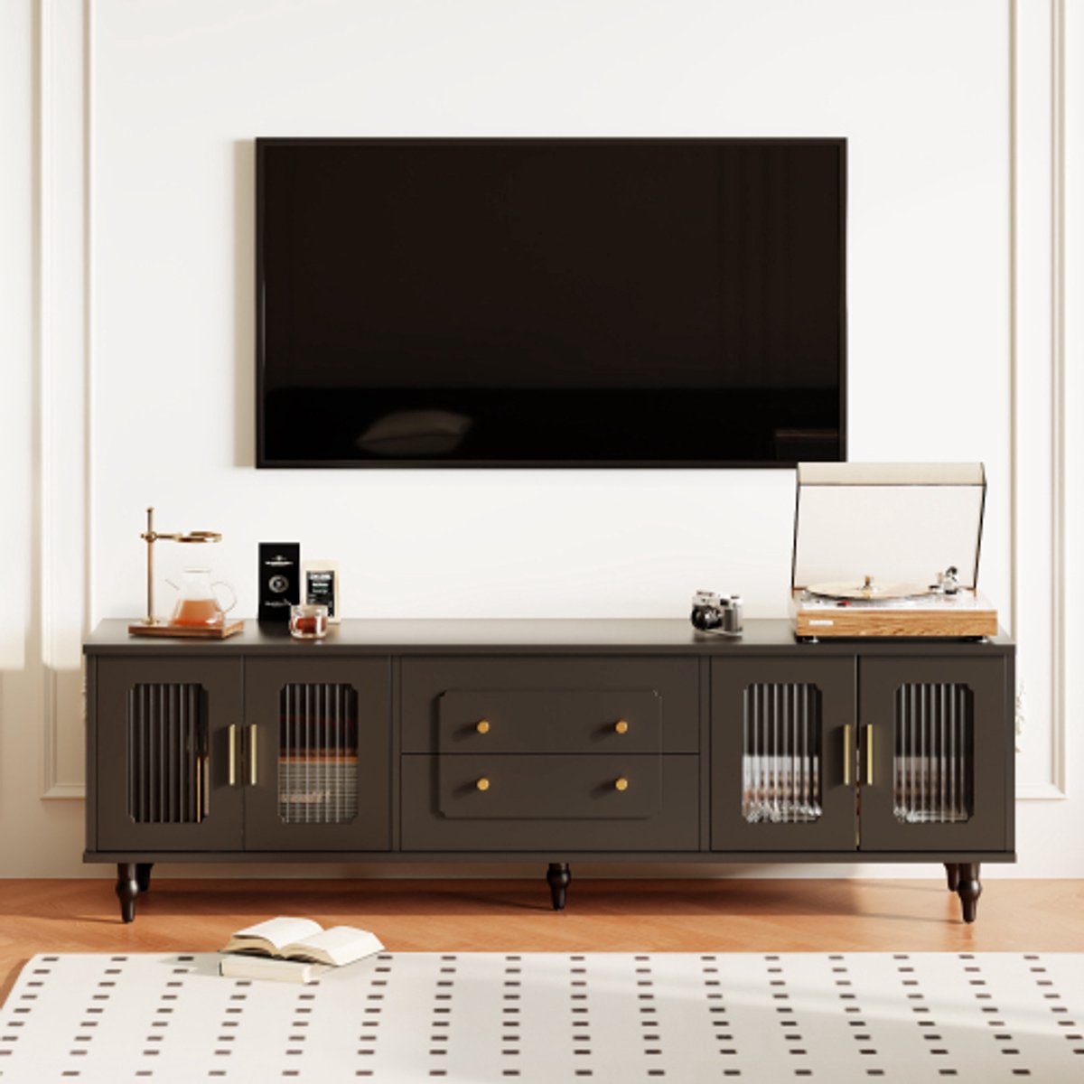 Lowboard - Tv-Meubel in Retrostijl - Gouden Handgrepen - Veel Opbergruimte - Met Glazen deur - en Massief Houten Poten - Zwart