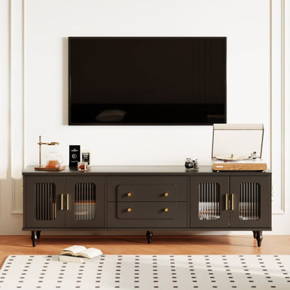 Lowboard - Tv-Meubel in Retrostijl - Gouden Handgrepen - Veel Opbergruimte - Met Glazen deur - en Massief Houten Poten - Zwart