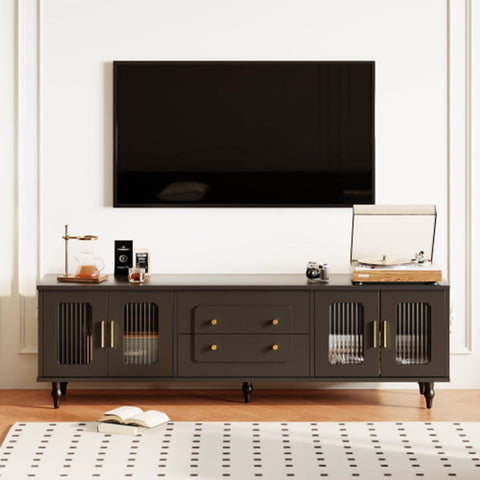 Lowboard - Tv-Meubel in Retrostijl - Gouden Handgrepen - Veel Opbergruimte - Met Glazen deur - en Massief Houten Poten - Zwart