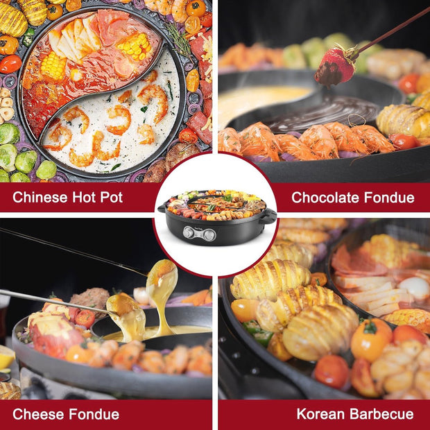 Hotpot Pan met Koreaanse BBQ-grill - Elektrische 2-in-1 Fondue en Rookloze Barbecue 220V 2200W