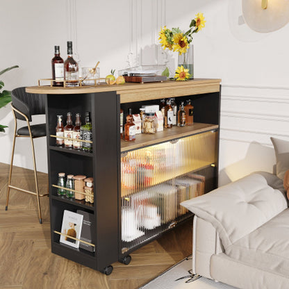 Uitschuifbare Bartafel met Opbergruimte - Moderne Verplaatsbare Bartafel - Telescopische Bartafel met LED - Bartafel - Bistrotafel - Hoge Tafel - Kookeiland - Bistrotafel - (138-204×39×105cm) - Zwart