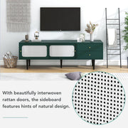 TV-Meubel - Groen met Wit Rotan - met 2 Rotan Schuifdeuren - 2 Laden - 4 Vakken met Verplaatsbare Planken