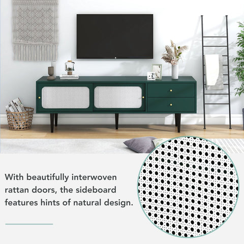 TV-Meubel - Groen met Wit Rotan - met 2 Rotan Schuifdeuren - 2 Laden - 4 Vakken met Verplaatsbare Planken