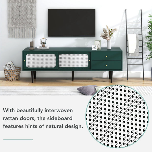 TV-Meubel - Groen met Wit Rotan - met 2 Rotan Schuifdeuren - 2 Laden - 4 Vakken met Verplaatsbare Planken