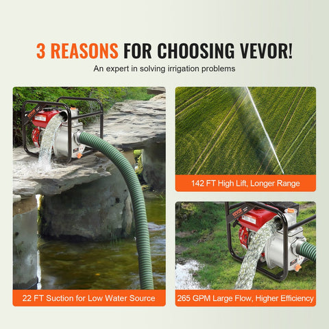 Benzinemotor Waterpomp - Maximale Stroom 265 GPM - 7 PK - Maximale Lift 43m - Gietijzeren Waaier - 7,5m Uitlaatslang - Geschikt voor Irrigatie - Inclusief Accessoires en Schokpads - Rood & Zwart