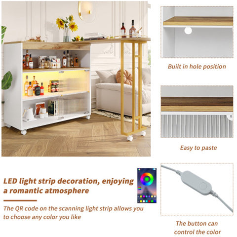 Uitschuifbare Bartafel met Opbergruimte - Moderne Verplaatsbare Bartafel - Telescopische Bartafel met LED - Bartafel - Bistrotafel - Hoge Tafel - Kookeiland - Bistrotafel - (138-204×39×105cm) - Wit & Goud