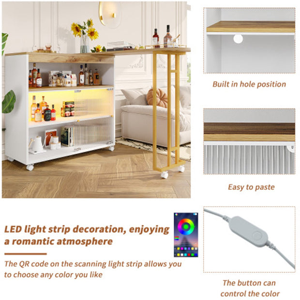 Uitschuifbare Bartafel met Opbergruimte - Moderne Verplaatsbare Bartafel - Telescopische Bartafel met LED - Bartafel - Bistrotafel - Hoge Tafel - Kookeiland - Bistrotafel - (138-204×39×105cm) - Wit & Goud