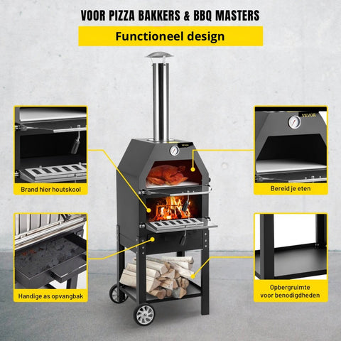 Onderweg online - Luxe BBQ - Pizza oven - 2-in-1 - Houtoven - Pizzasteen - Houtskool BBQ - 45.8x46.4x141.8 cm