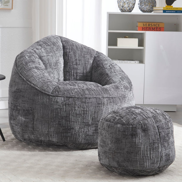 Zitzak met Voetensteun - Loungestoel met Hoge Druk Schuimvulling - Beanbag Ergonomisch Ontwerp - Chenille Stof – 89x88x76 cm - Grijs