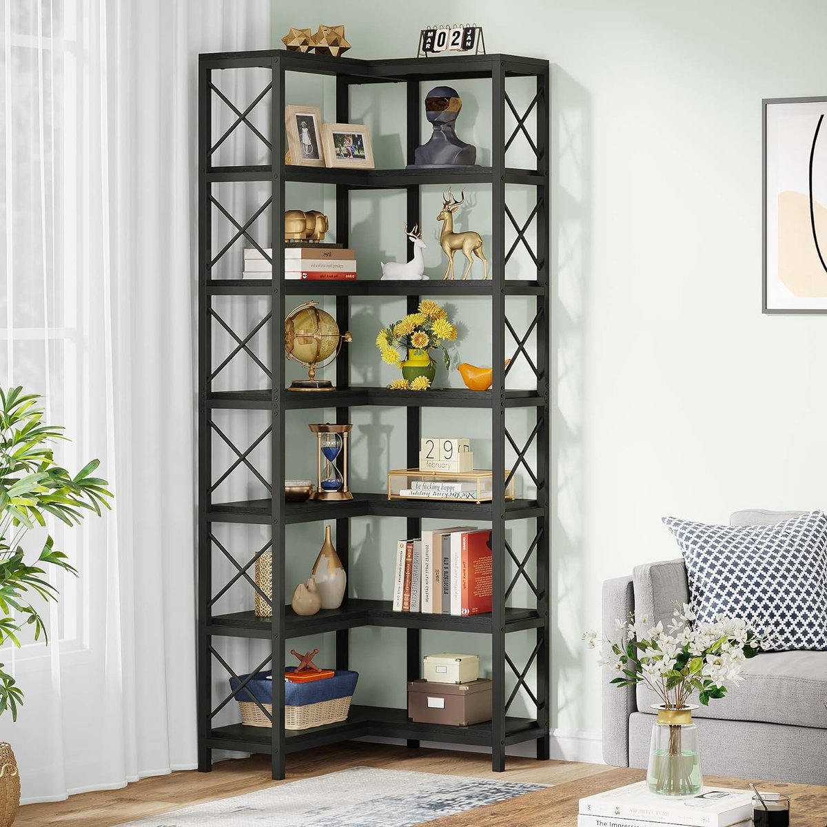 Boekenkast - Hoek Boekenkast met 7 Planken - Industrieel Grote Hoekplank - Spaanplaat - Zwart - 60 x 60 x 200 cm