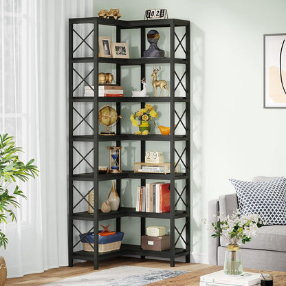 Boekenkast - Hoek Boekenkast met 7 Planken - Industrieel Grote Hoekplank - Spaanplaat - Zwart - 60 x 60 x 200 cm