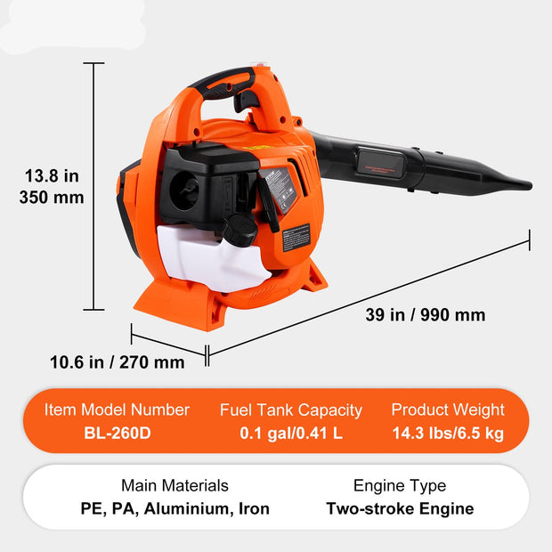 79 CC 2-Takt Bladblazer Rugzak - 425 CFM Luchtvolume - Snelheid van 250 km/u - 6500 rpm - Capaciteit Brandstoftank 0.41 L - voor het Verwijderen van Vuil op Erven - Tuinen - Landschappen en Buitenpaden