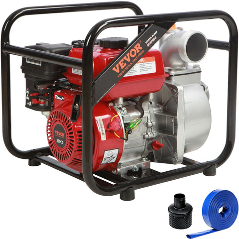 Benzinemotor Waterpomp - Maximale Stroom 265 GPM - 7 PK - Maximale Lift 43m - Gietijzeren Waaier - 7,5m Uitlaatslang - Geschikt voor Irrigatie - Inclusief Accessoires en Schokpads - Rood & Zwart