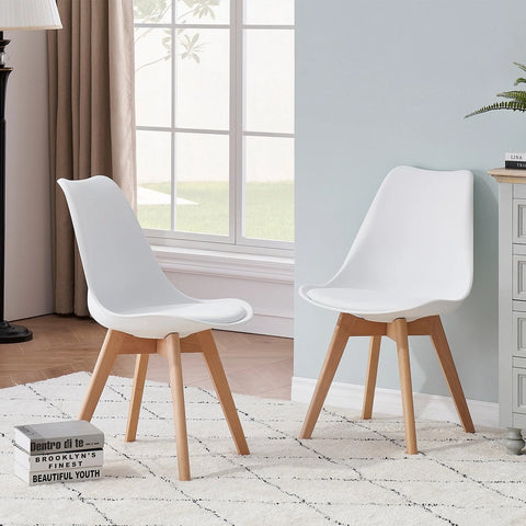 Set of 6 Dining Chairs - Upholstered Chairs with Beech Legs - Stylish Office Chairs for Dining Room, Bedroom, Balcony or Restaurant - White