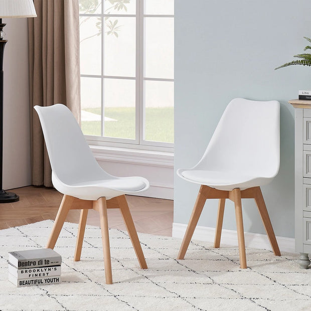 Set of 6 Dining Chairs - Upholstered Chairs with Beech Legs - Stylish Office Chairs for Dining Room, Bedroom, Balcony or Restaurant - White