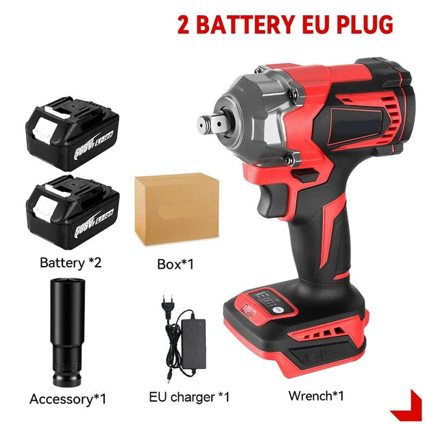 Elektrische Slagmoersleutel - Slagmoer - Koolborstel loze motor - Slagtol - Slagsleutel - 1200Nm - 2 Accu's - Accu lader - 18V - LED Licht - 4 Versnellingen - 1 Opzetstuk - Rood Zwart