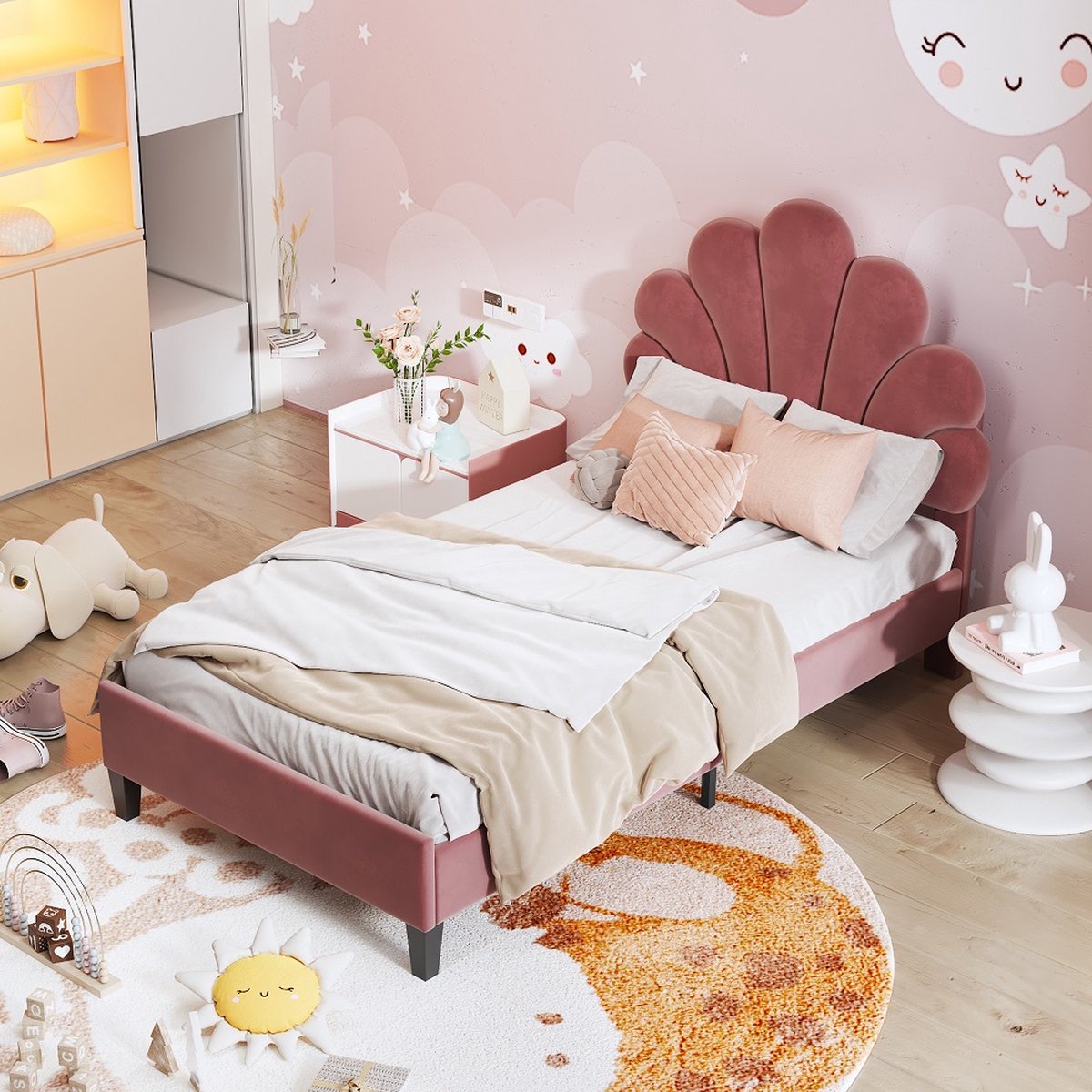 Bed Eenpersoonsbed 90x200 cm met fluwelen bloemvormig hoofdeinde voor volwassenen en kinderen Rood