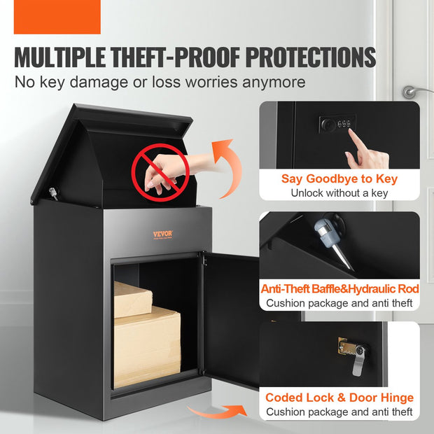 Pakketdoos - met Cijferslot - Pakketdoosvak voor 15-20 kg - Met Interne Scharnieren - Geschikt voor Binnentuinen - 44x35x58,3 cm - Zwart