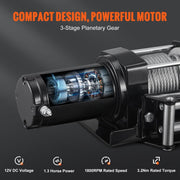 Elektrische lier - 12V - Lier 3000lbs/1361kg - Offroad motorlier - Kabel elektrische lier - Staalkabel met draadloze afstandsbediening - Zwart